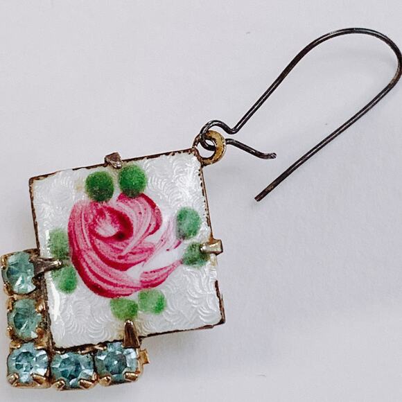 VTG 1950s Enamel Earrings Reverse Painted Guilloché Rose Aqua-Blue Rhinestones - Picture 7 of 12
